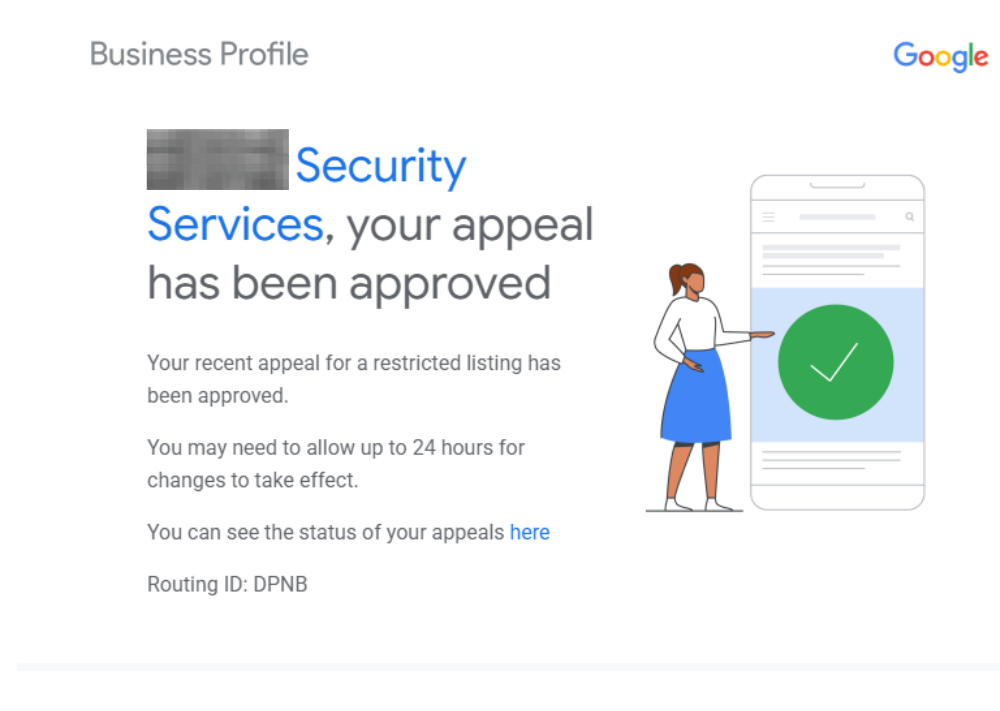 Google Business Profile notice indicating the appeal for the listing was approved