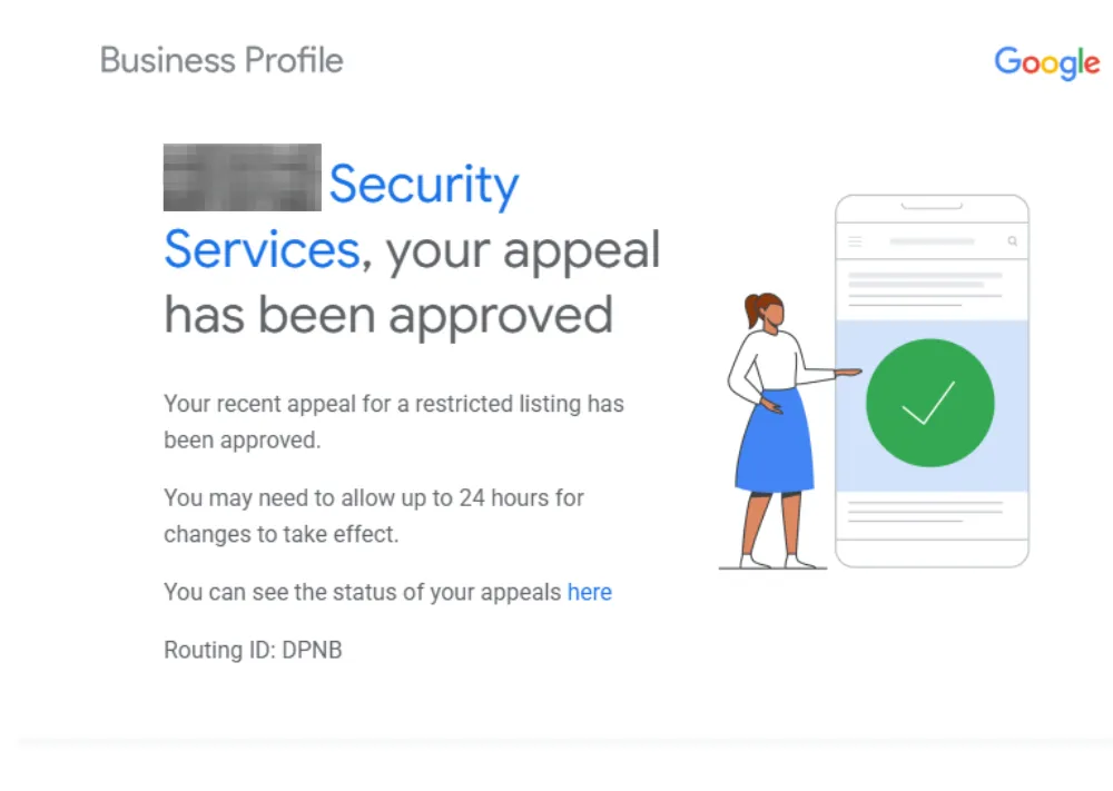 Google Business Profile notice indicating the appeal for the listing was approved