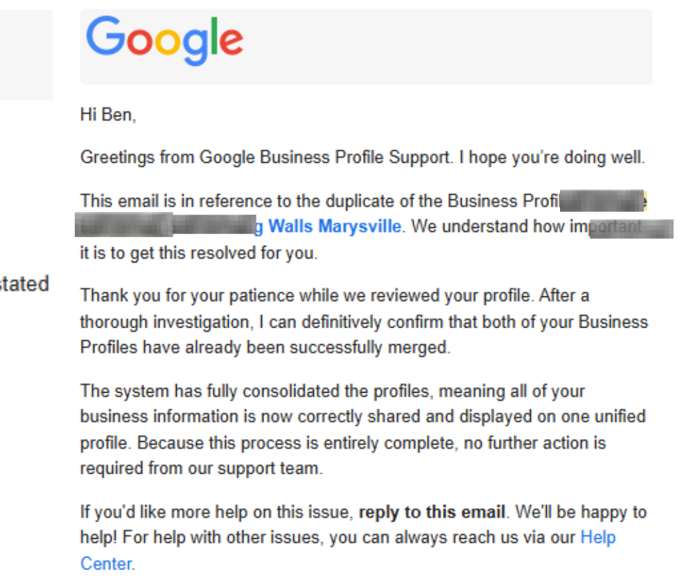 Google Business Profile Support email confirming duplicate profiles were merged into one unified profile