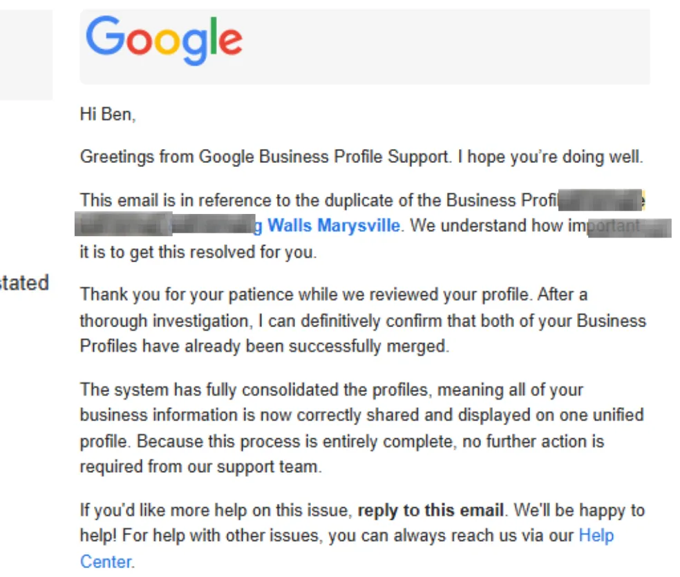 Google Business Profile Support email confirming duplicate profiles were merged into one unified profile