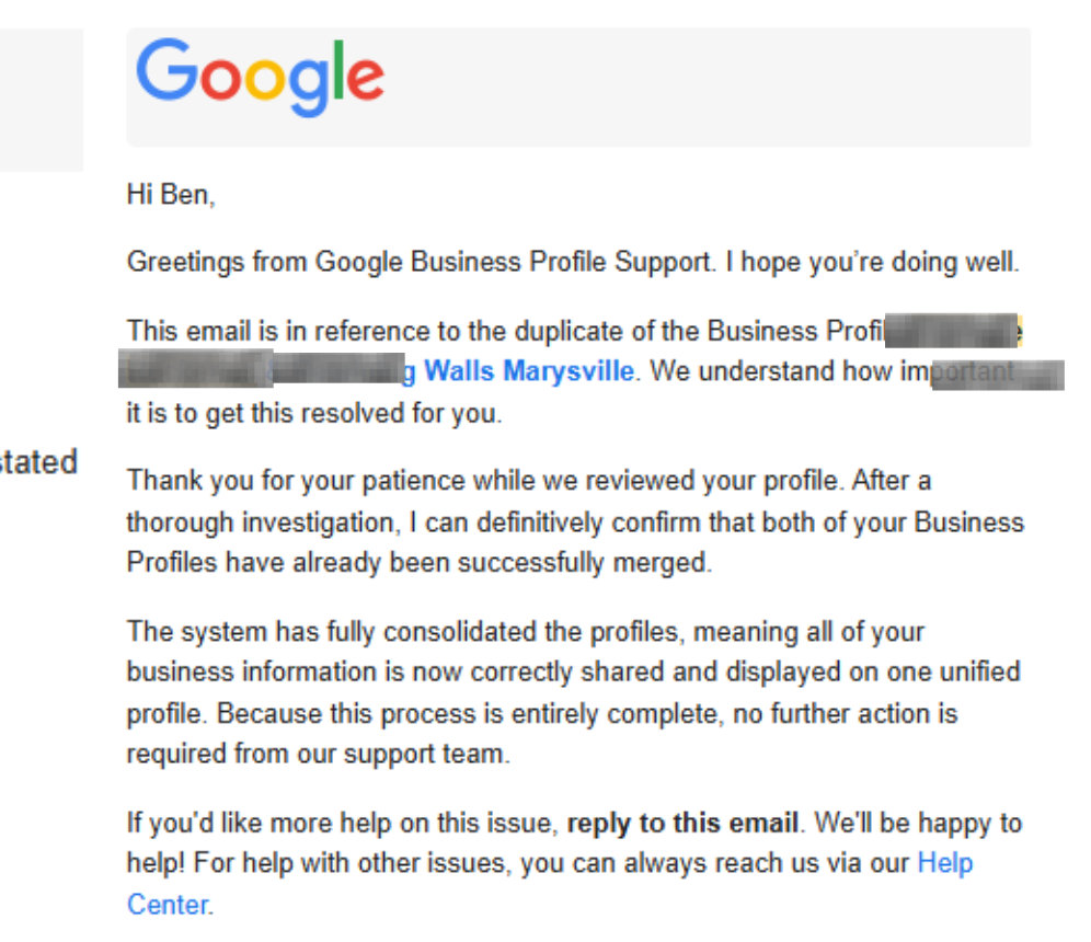 Google Business Profile Support email regarding duplicate profile review and consolidation