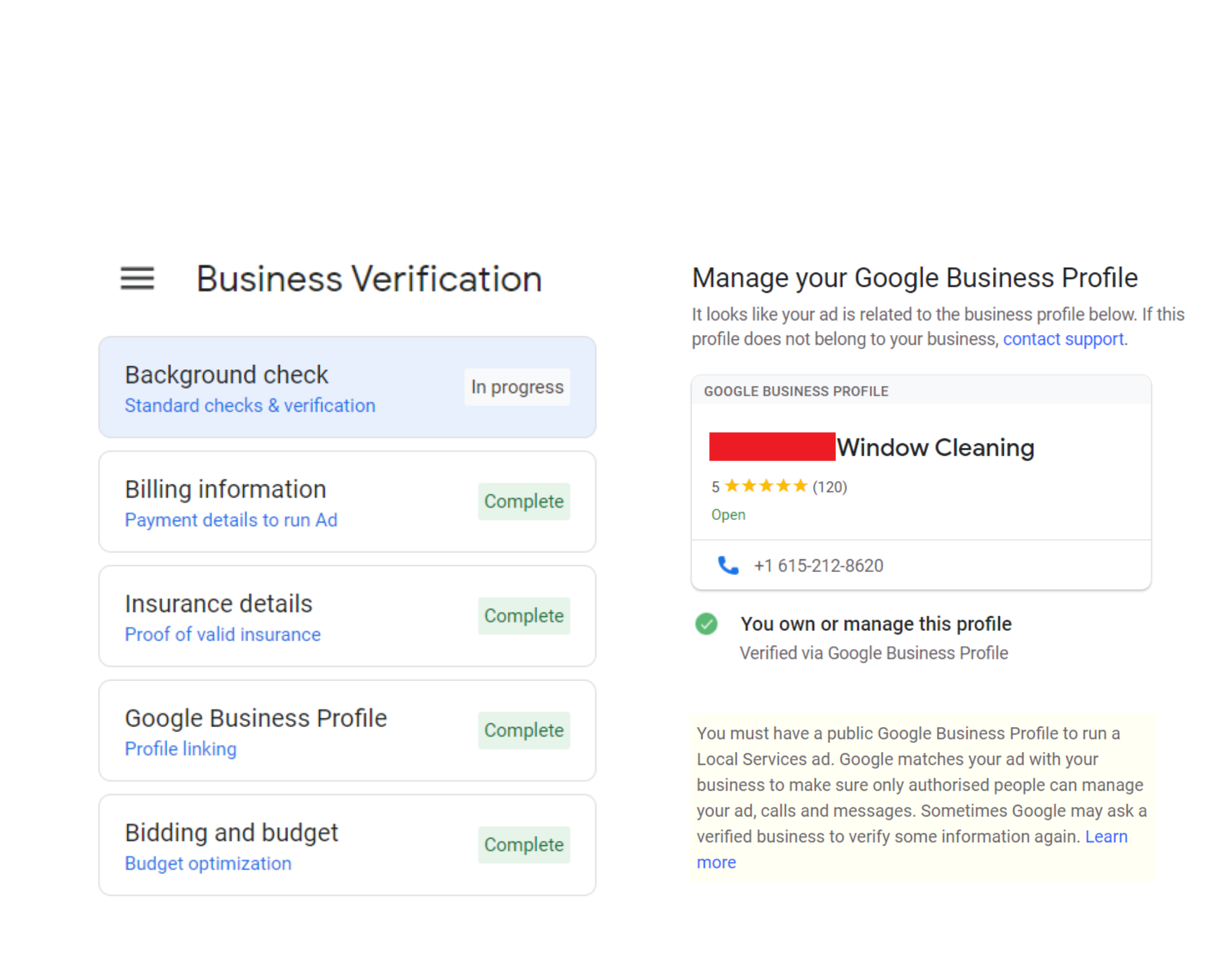 Local Services Ads business verification checklist alongside the Manage your Google Business Profile panel