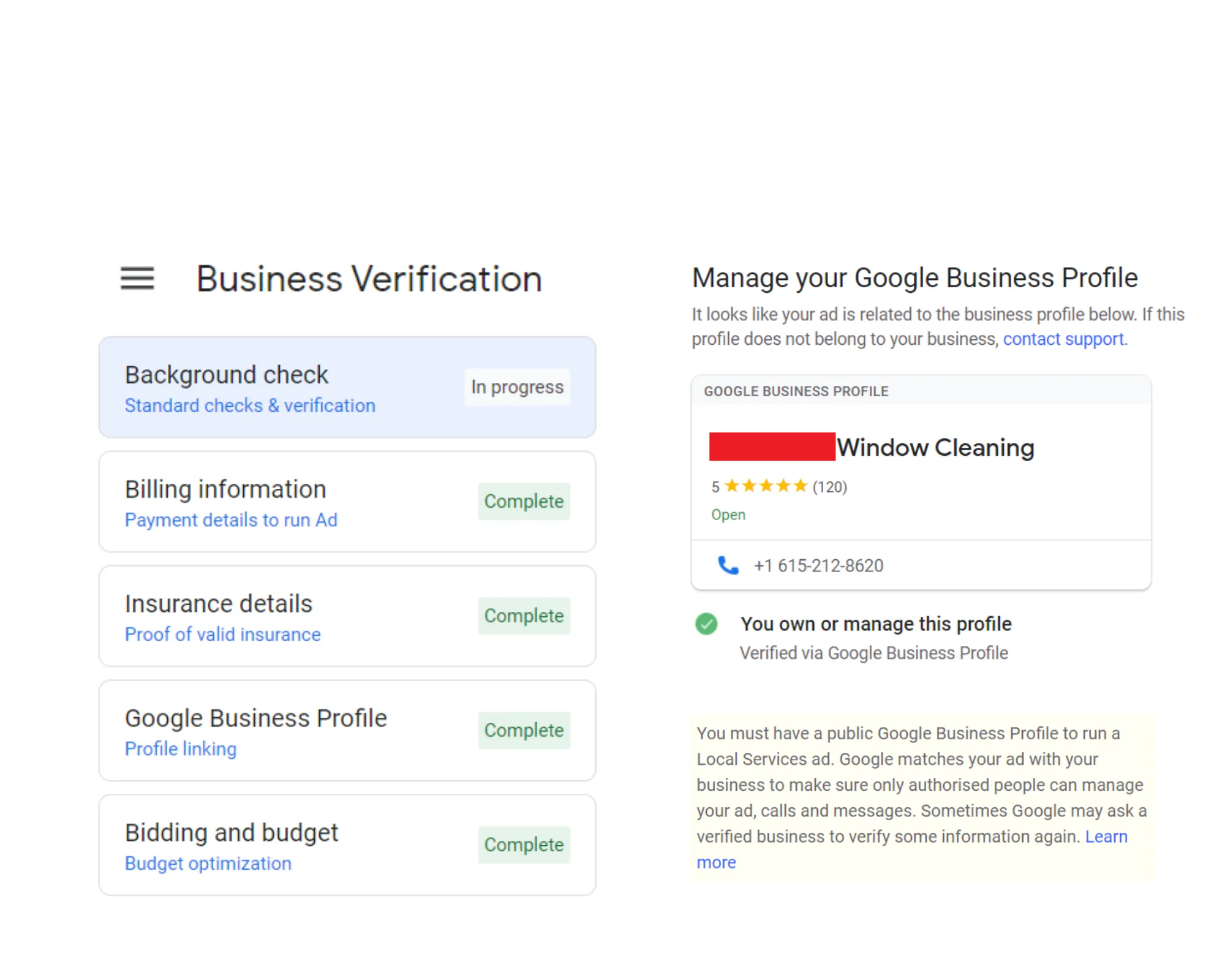 Local Services Ads business verification checklist alongside the Manage your Google Business Profile panel