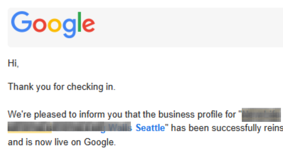 Google email indicating a business profile was reinstated and is now live on Google