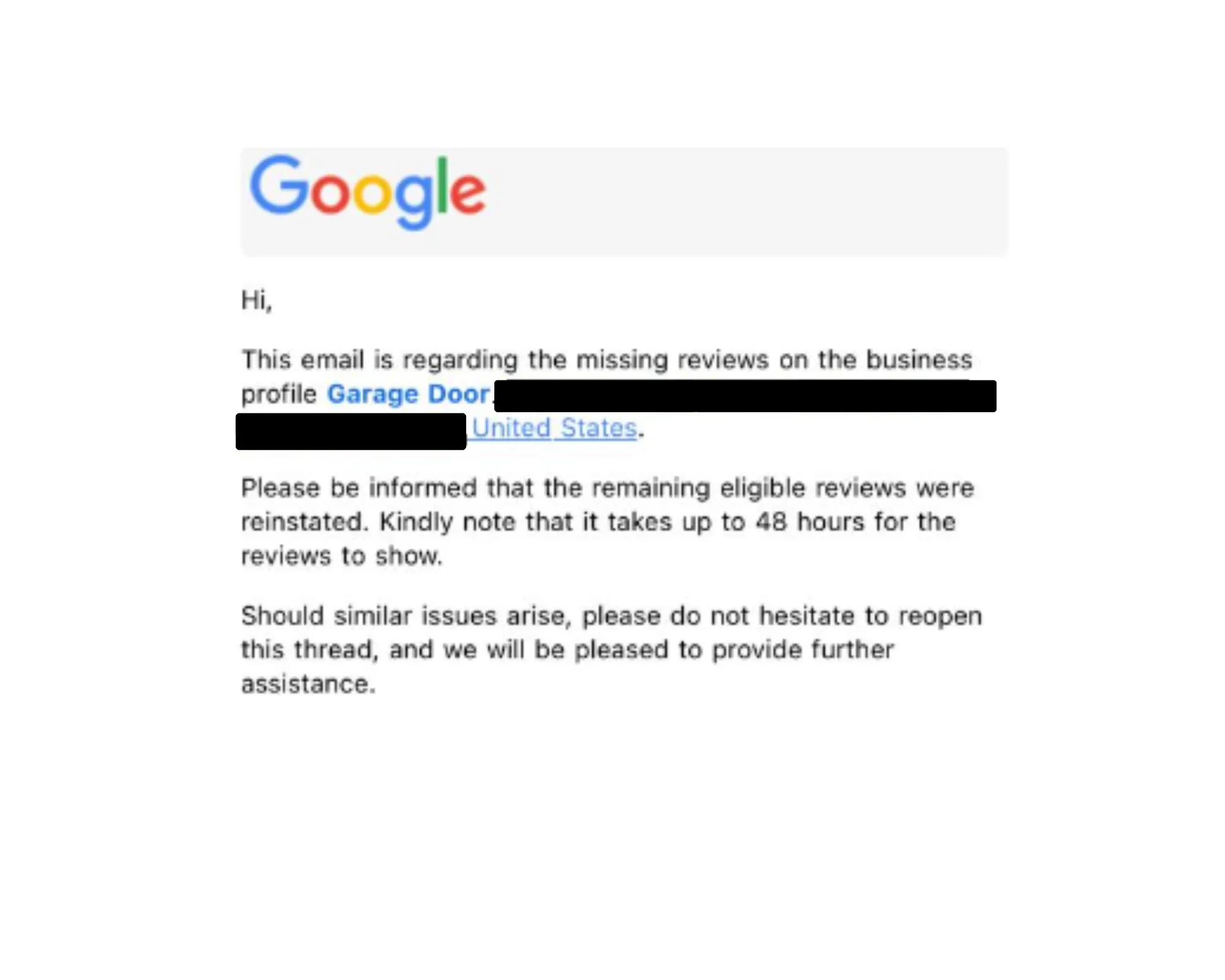 Email from Google support regarding missing reviews on a business profile