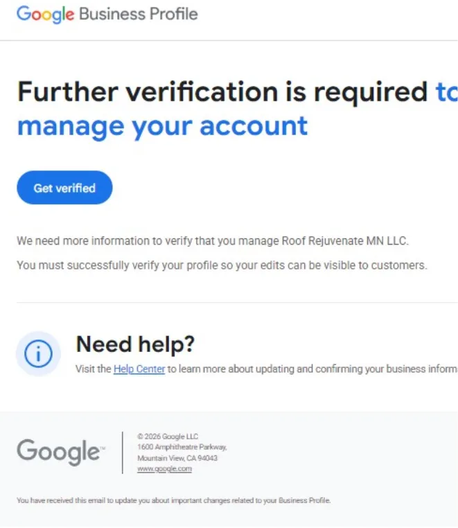 Google Business Profile screen showing 'Further verification is required to manage your account'