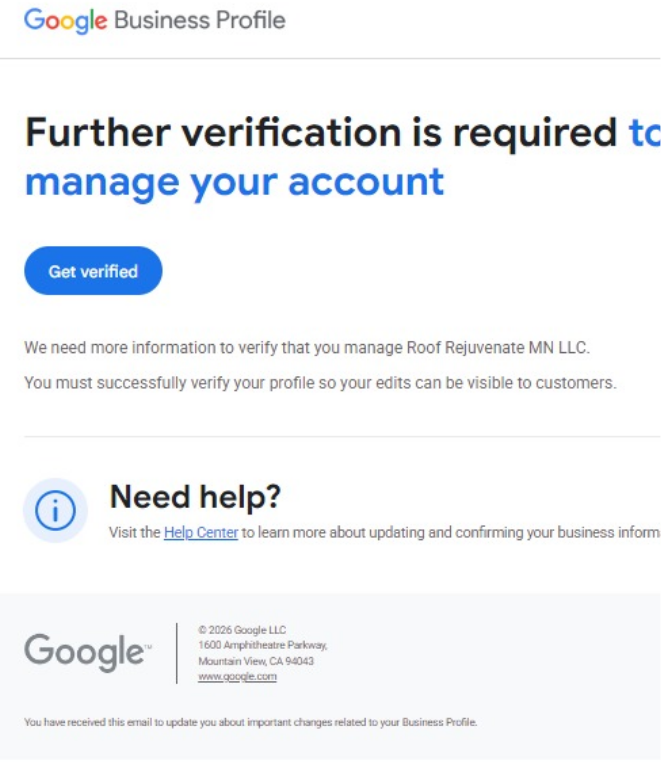 Google Business Profile screen showing 'Further verification is required to manage your account'