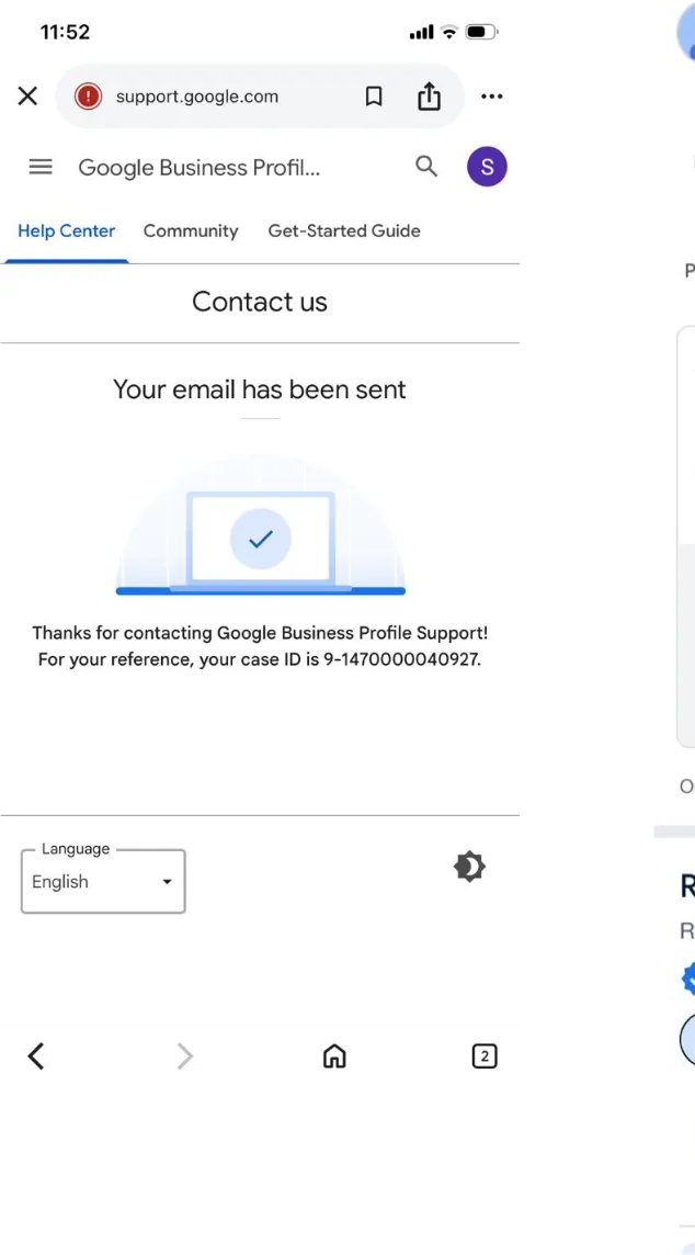 Google Business Profile Support confirmation that the contact request was submitted