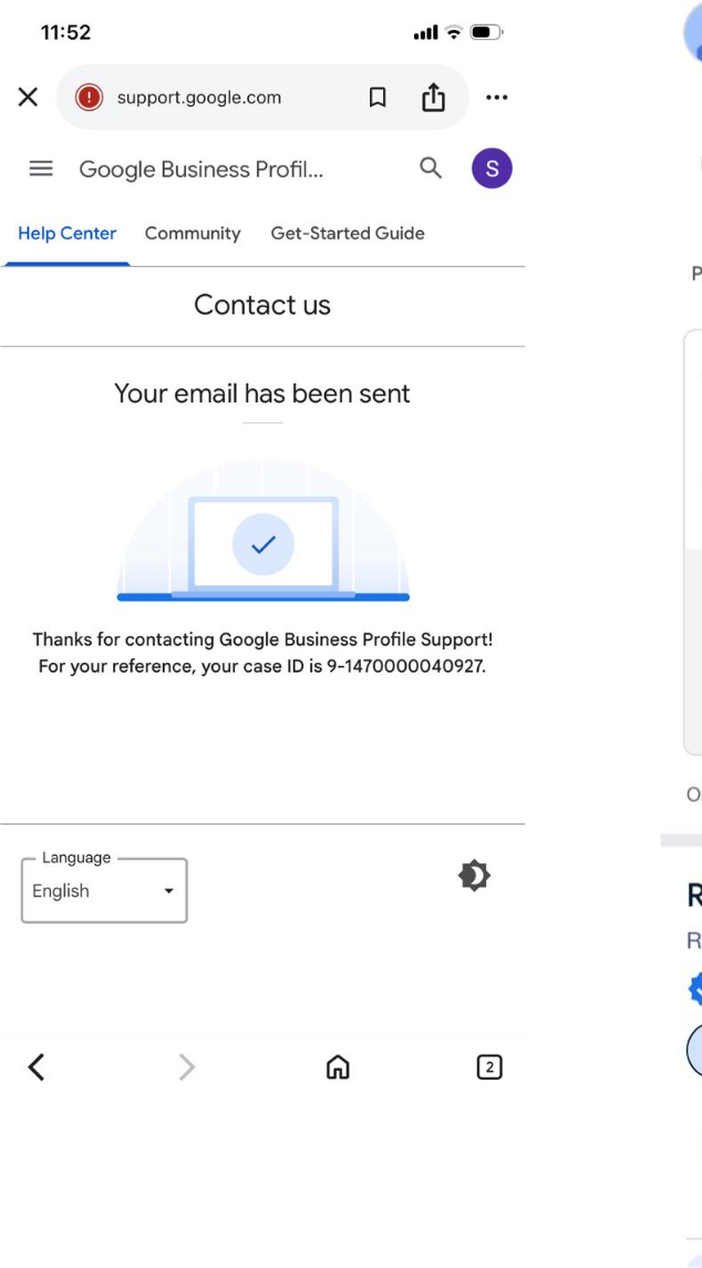 Google Business Profile Support confirmation that the contact request was submitted